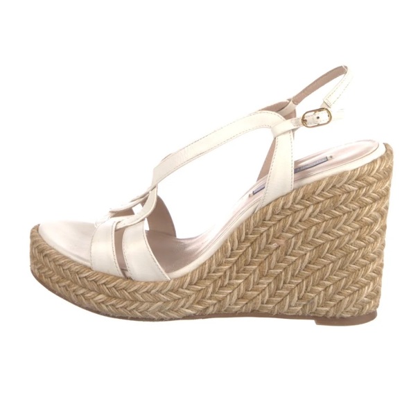 Stuart Weitzman Coquille Leather Wedge Espadrille Cream White Tan 9,5 LIKE NEW - Picture 3 of 6